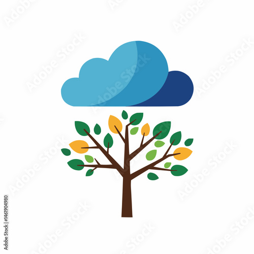 A simplistic image of a cloud above greenery featuring leaves and branches