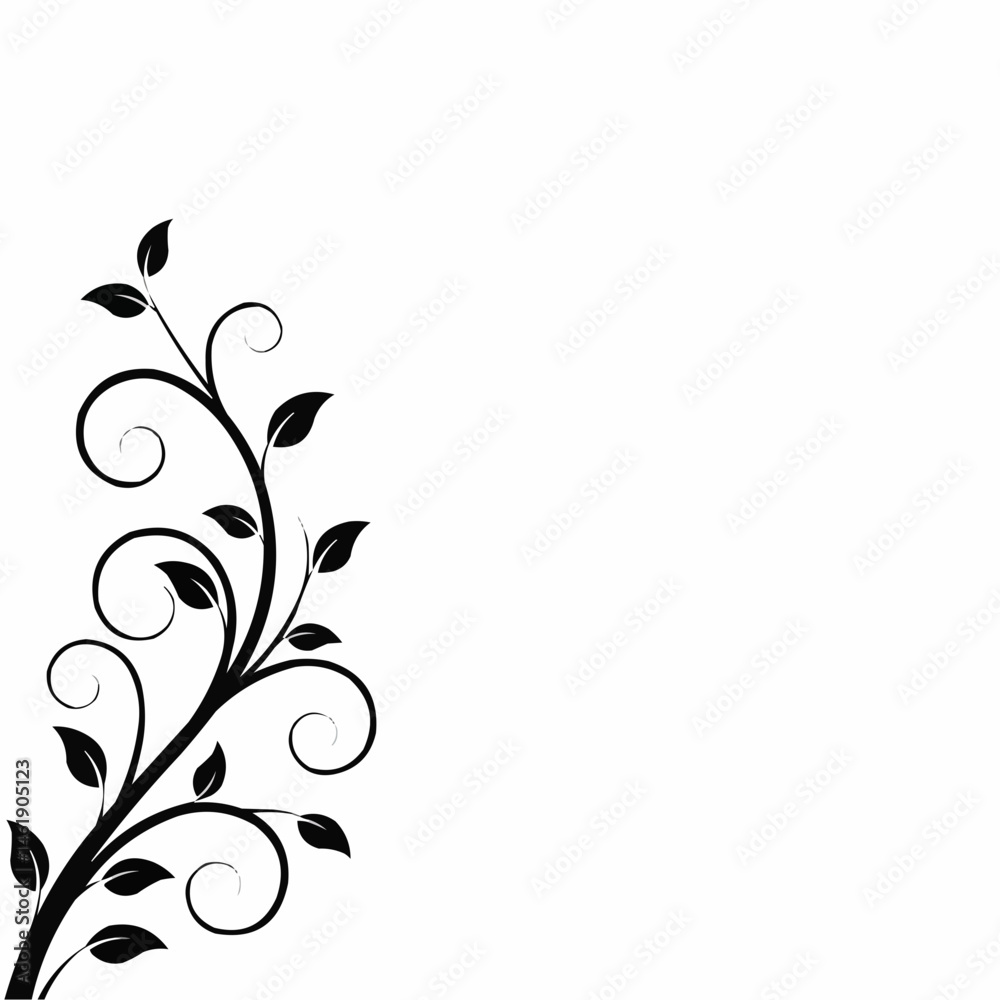 Black vines with leaves curve upwards from lower left on a white background Black vines with leaves curve upwards from lower left on a white background