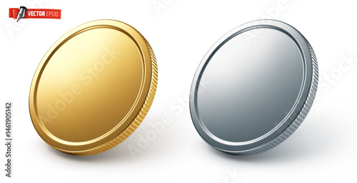 Vector realistic illustration of gold and silver coins on a white background.