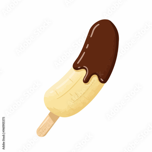 A frozen treat is dipped in chocolate. On a stick, sweet and cold indulgence