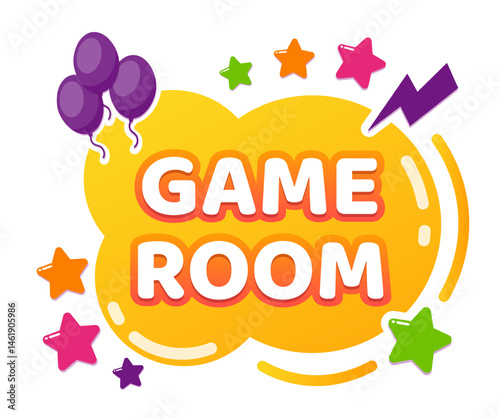 Colorful game room sign featuring vibrant balloons and stars, celebrating fun and entertainment, ideal for promoting a lively play area or engaging gaming zone for families and kids
