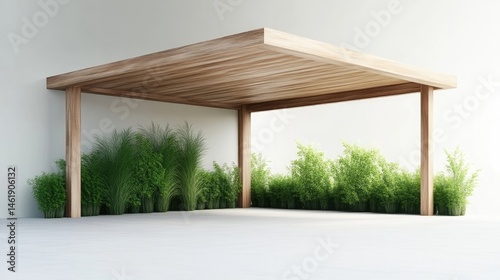 Minimalist wooden carport with lush greenery.  A modern, light-toned carport structure with a simple, square wooden roof supported by two pillars.