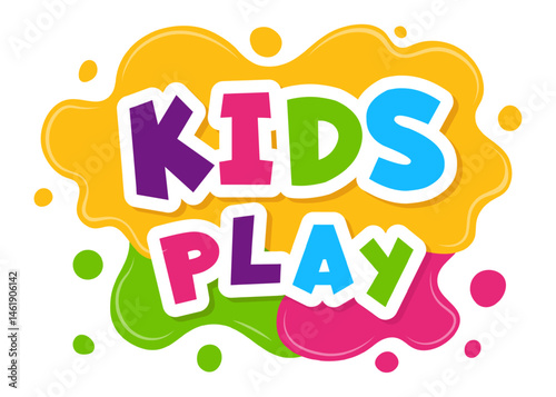 Colorful logo featuring the words Kids Play with vibrant paint splatters in the background, creating a playful and dynamic design suitable for children's brands, toys, games, or entertainment