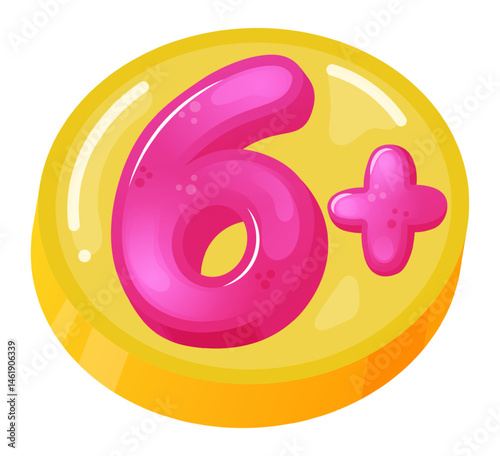 Glossy pink six plus sign on a yellow circular background indicating content suitable for viewers six years and older, ideal for parental guidance and age appropriate entertainment