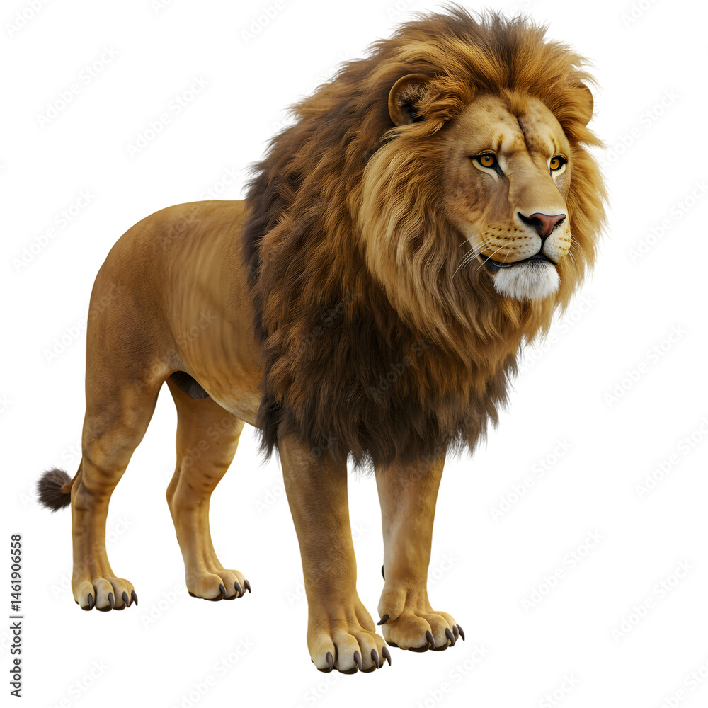 Obraz premium Majestic feline with a golden mane stands regally against a transparent background in full view shot