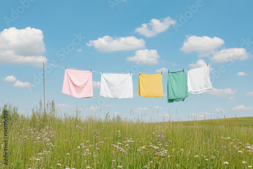 Vibrant clothes hang on a line against a bright blue sky, surrounded by lush green grass and fluffy clouds.