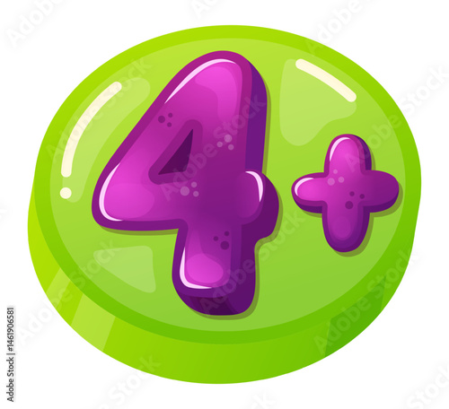 Glossy purple number four accompanied by a plus symbol rests on a vibrant green round button, signaling content appropriate for children ages four and older