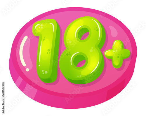 Glossy green 18 plus symbol is displayed on a vibrant pink circular button, serving as a visual indicator of age appropriateness and content restriction