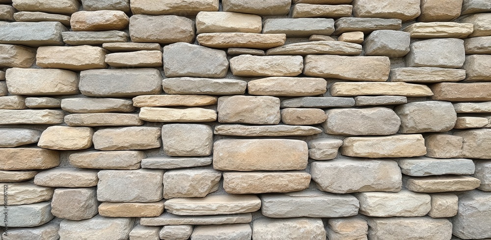 Obraz premium A tightly stacked stone wall with various sizes and shades of beige and gray stones.