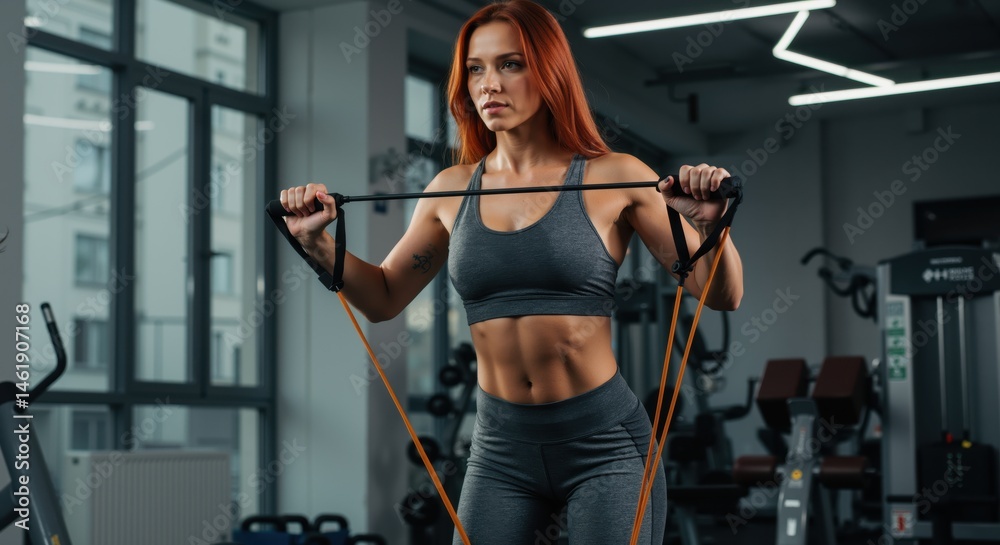 Fototapeta premium Athletic woman exercising with resistance bands in modern gym 