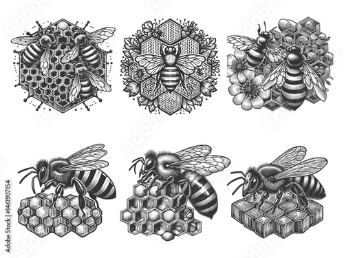 honey bee in various poses, interacting with honeycombs, flowers, and hives Set collection bundle sketch engraving generative ai vector illustration. Scratch board imitation. Black and white image.