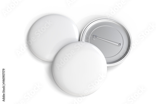 Blank Round Pin Badges Mockup Template isolated on background. Plastic empty white button badge with metal for branding souvenir magnet, brooch pin, emblem, merchandise, volunteer label. 3D rendering