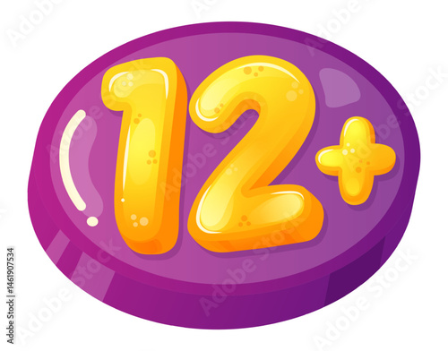 Cartoonish glossy purple and yellow twelve plus icon representing age restriction for audience over twelve years of age, suitable for parental advisory stickers or online content warnings