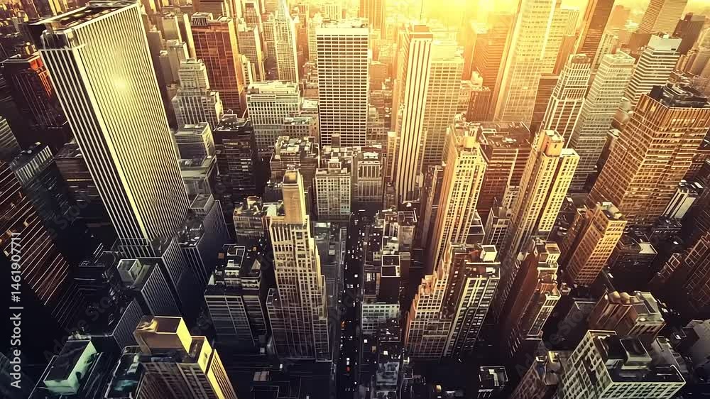 Magnificent aerial view of New York City skyline bathed in golden sunlight