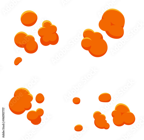 Four different stages of orange dust explosion clouds expanding on a white background, creating a dynamic visual effect representing energy, impact, and transformation
