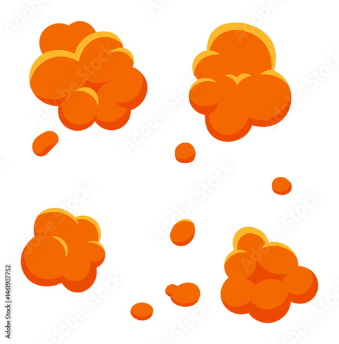 Four vibrant orange dust clouds exploding, creating a stunning visual effect with dynamic particles expanding against a clean white background, delivering a powerful and energetic design element