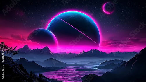 Neon planets over a stylized mountain landscape