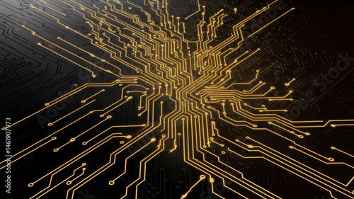 Abstract image of gold circuit board, showcasing intricate electronic pathways on dark background, symbolizing technology, innovation, and connection