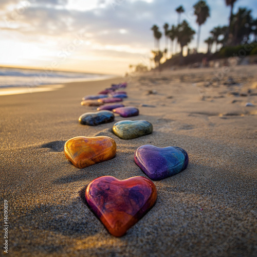 Vibrant heart-shaped stones line a sandy beach, bathed in warm sunset light, with palm trees in the background.