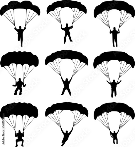 Silhouettes of Skydivers in Various Parachute Positions