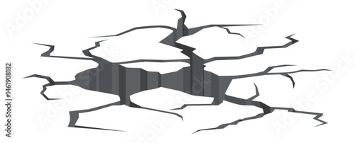 Surface breaking apart creating deep cracks and hole, revealing dark abyss below, symbolizing destruction, earthquake aftermath, or geological instability