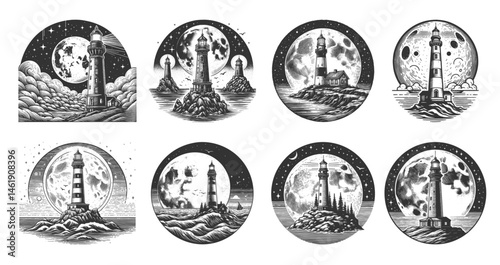 lighthouses set against dramatic full moons, starry skies Set collection bundle sketch engraving generative ai vector illustration. Scratch board imitation. Black and white image.
