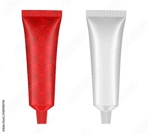Set of cosmetic tubes. 3d mockup. Red pattern and white basic color. Toothpaste or ointment