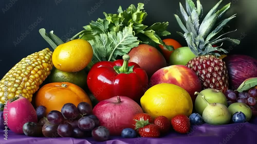 Vibrant still life composition showcasing diverse fruits and vegetables in balanced arrangement Vibrant still life composition showcasing diverse fruits and vegetables in balanced arrangement
