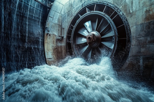 Water turbine generating power inside a large hydroelectric facility in a mountainous region