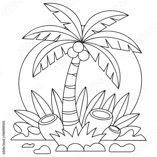 Coloring Page featuring a tropical palm tree by the sea with sunny waves crashing onto the shore