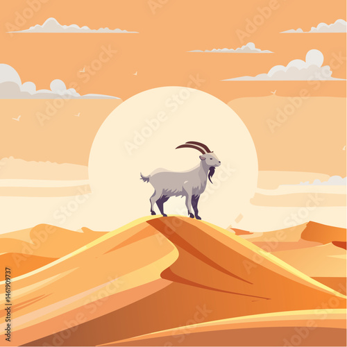 A solitary goat standing on a sand dune in a vast desert landscape, with the sun setting in the background, symbolizing resilience and devotion