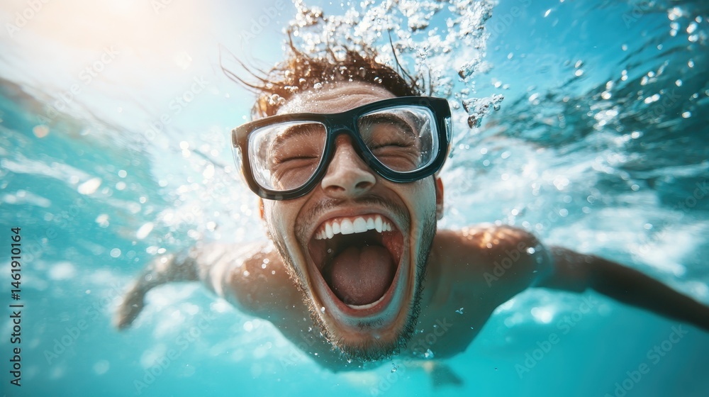 Naklejka premium A young man swims energetically underwater, showcasing his bright smile and determination, with sleek black goggles highlighting an adventurous summer spirit.