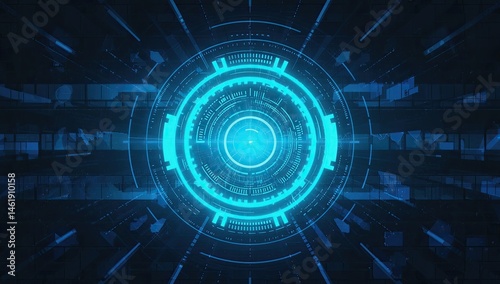 A futuristic digital interface featuring a glowing blue circular design with intricate patterns.