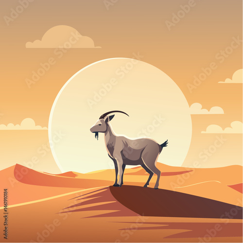 A solitary goat standing on a sand dune in a vast desert landscape, with the sun setting in the background, symbolizing resilience and devotion