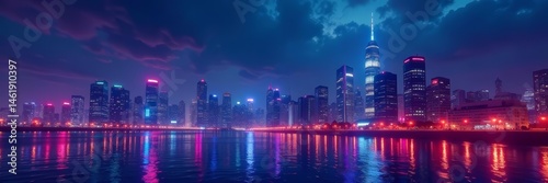 Vibrant cyberpunk city skyline at night with neon lights reflecting on water, cityscape, neon, night