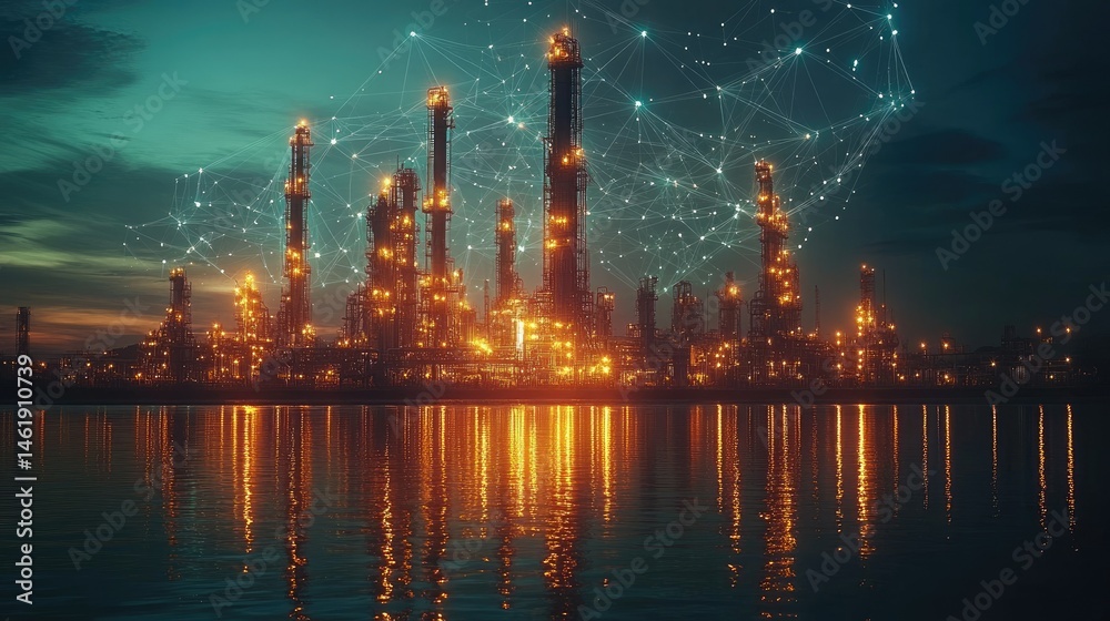 A futuristic industrial complex illuminated at night, connected by a digital network.
