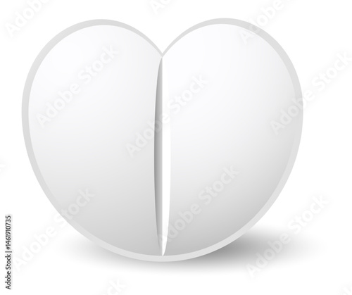 Heart shaped pill splitting in two symmetrical halves casting a shadow on white background, representing concepts such as love, health, medicine, and healthcare