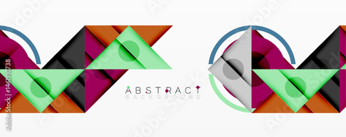 Geometric shapes create vibrant composition. Colors blend, forming modern abstract design. Clean lines, symmetry present.