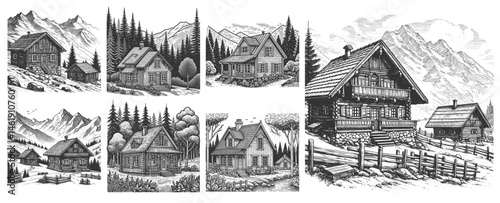 mountain cabins and wooden cottages Set collection bundle sketch engraving generative ai vector illustration. Scratch board imitation. Black and white image.