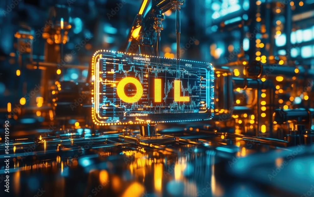 A futuristic representation of oil in a digital environment with glowing elements.