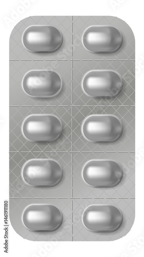 Silver blister pack containing ten oval tablets, arranged in two rows of five, resting on a white background, representing pharmaceutical products, medicine, and healthcare