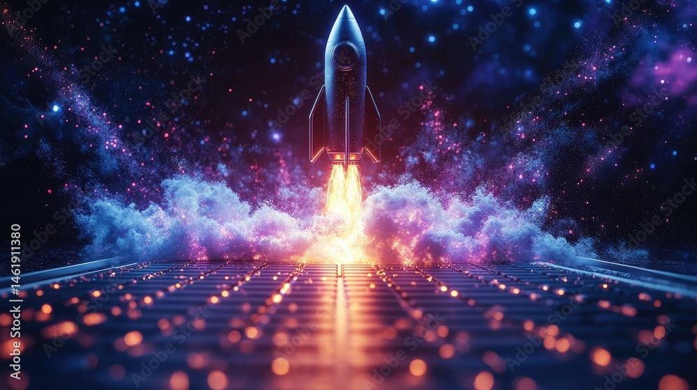 A futuristic rocket launching into space, surrounded by colorful cosmic clouds and vibrant lights.