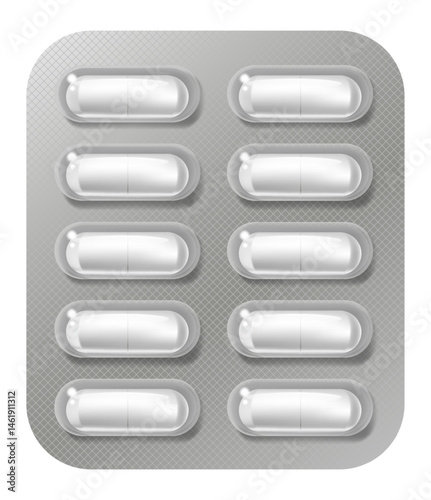 Blister pack containing ten white capsule shaped pills, lying on a gray background with a checkered pattern, provides a sterile and organized presentation of medication