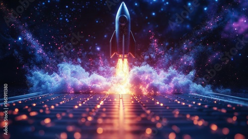 Obraz na płótnie A futuristic rocket launching into space, surrounded by colorful cosmic clouds and vibrant lights. w salonie