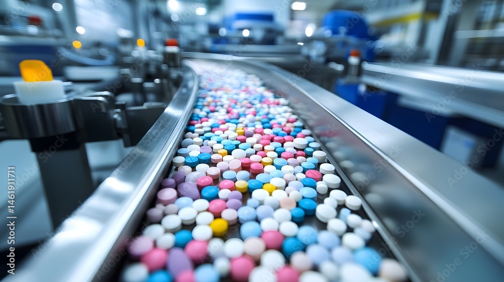 Obraz premium Colorful pills moving on an industrial conveyor belt.