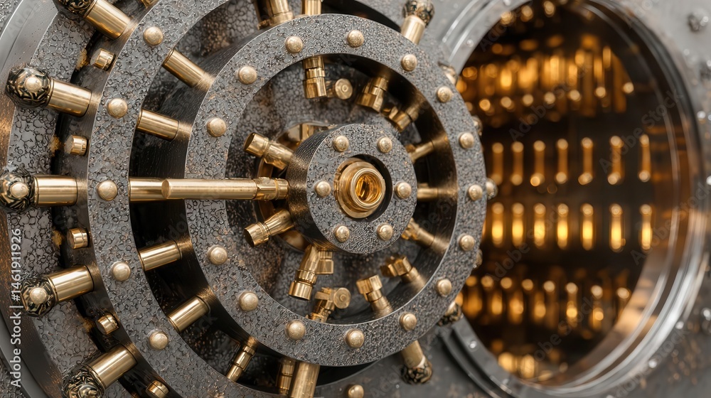 Close up of intricate bank vault door with metallic gears and bolts Close up of intricate bank vault door with metallic gears and bolts