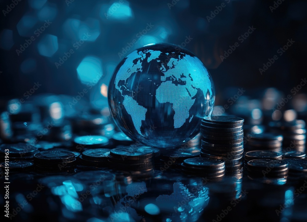 A glass globe rests on coins, symbolizing global finance and economic themes.