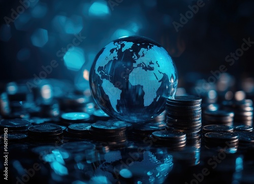 Obraz na płótnie A glass globe rests on coins, symbolizing global finance and economic themes. w salonie