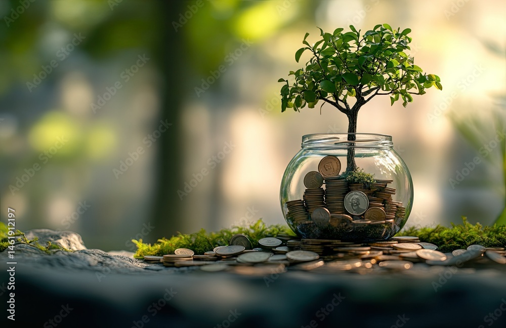 A glass jar filled with coins and a small tree symbolizes growth and financial prosperity.