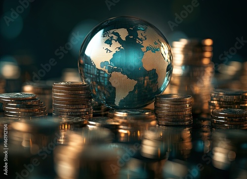 Obraz na płótnie A glass globe sits atop stacks of coins, symbolizing global finance and economic growth. w salonie